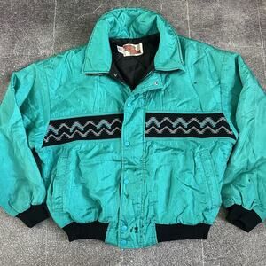Men's Vintage 90s Comfy Casual USA Teal Blue Tribal Aztec Bomber Ski Jacket Sz L